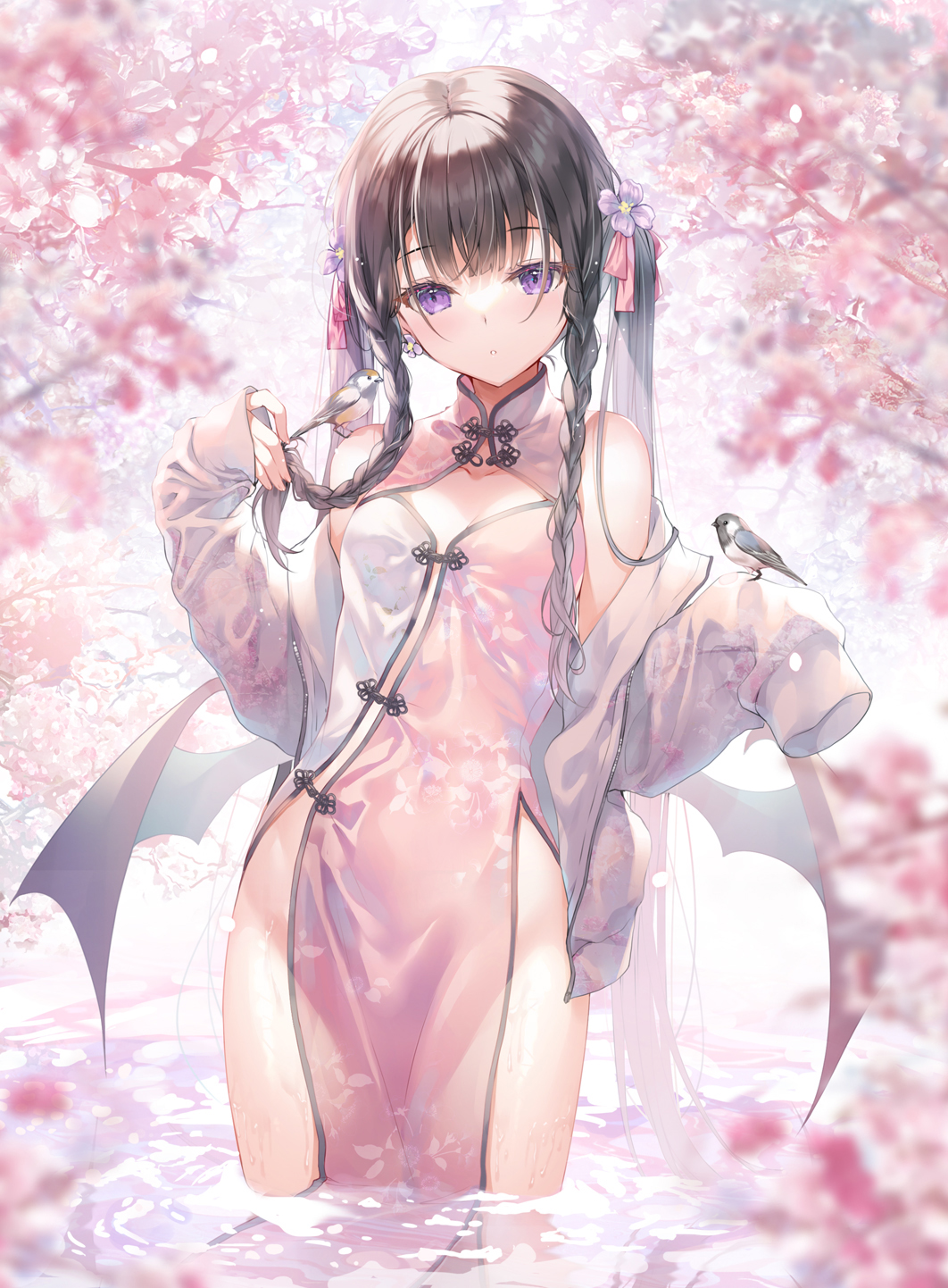 1girl, animal, bare_shoulders, bird, black_hair, braid, breasts, china_dress