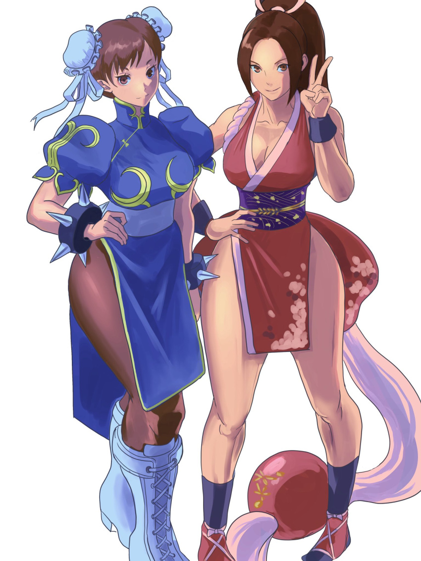 2girls, bangs, bare_shoulders, bracelet, breasts, brown_eyes, brown_hair, bun_cover, china_dress, chinese_clothes, chun-li, closed_mouth, crossover, double_bun, dress, full_body, hand_on_hip, high_ponytail, highres, jewelry, looking_at_viewer, medium_breasts, meke_(77842928), multiple_girls, ninja, pantyhose, pelvic_curtain, revealing_clothes, shiranui_mai, smile, spiked_bracelet, spikes, standing, street_fighter, the_king_of_fighters, v