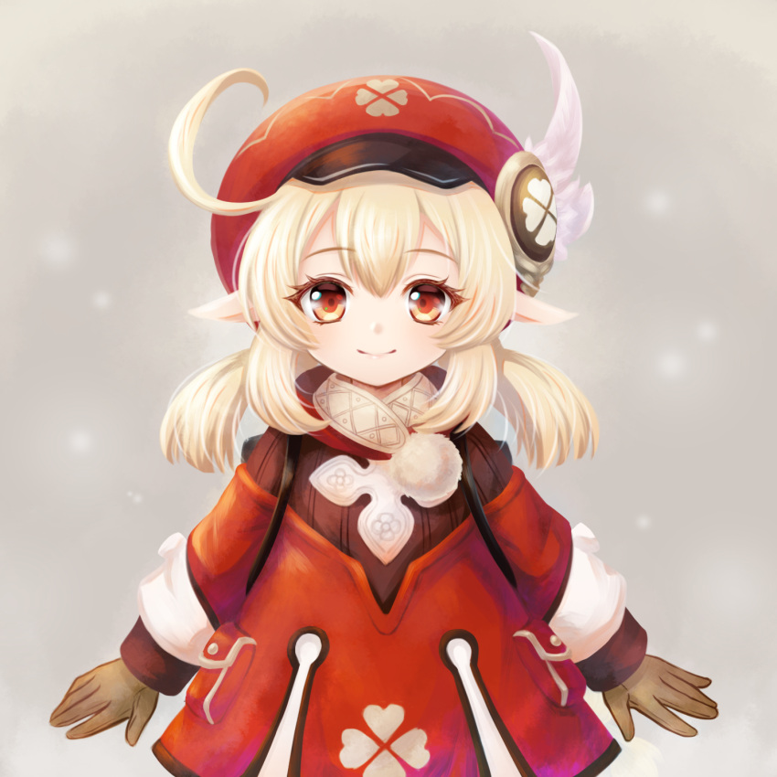 1girl, ahoge, backpack, bag, bangs, blurry, brown_gloves, brown_scarf