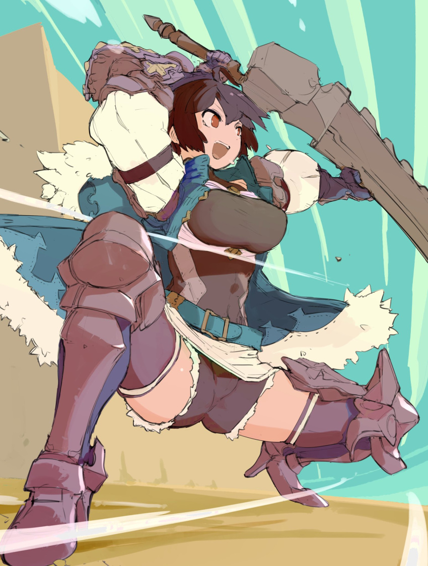 1girl, :d, armor, belt, black_hair, breasts, celliera, dragalia_lost