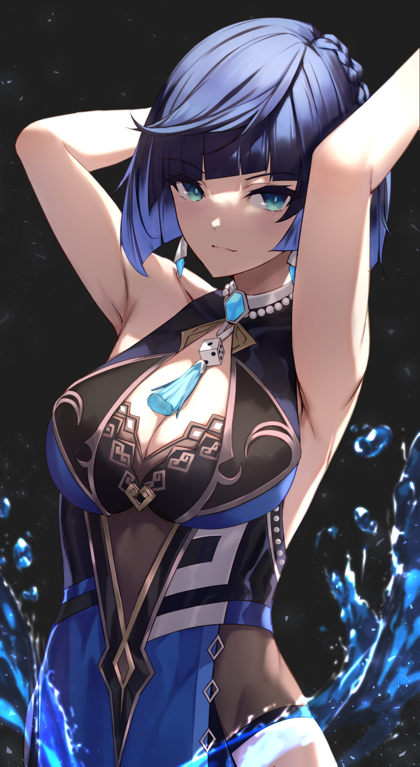 1girl, arm_up, armpit_focus, armpits, arms_behind_back, bangs, black_hair, blue_hair