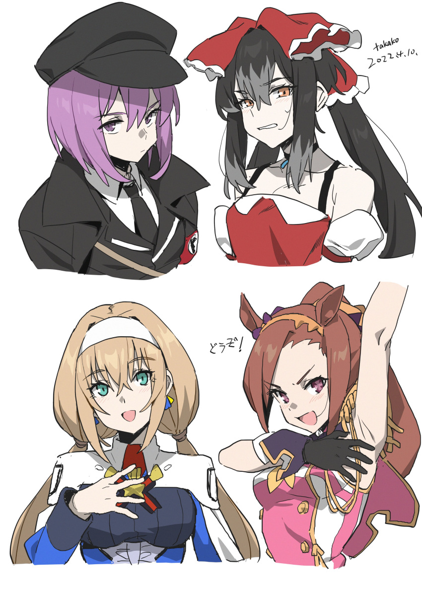 4girls, absurdres, animal_ears, armpits, artist_name, asymmetrical_hair, bangs, black_hair