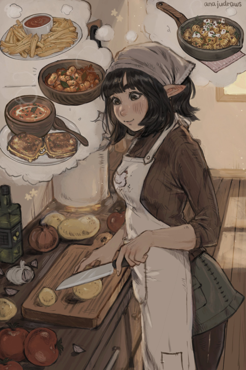1girl, absurdres, anajudraws, apron, artist_name, bangs, black_hair, black_legwear