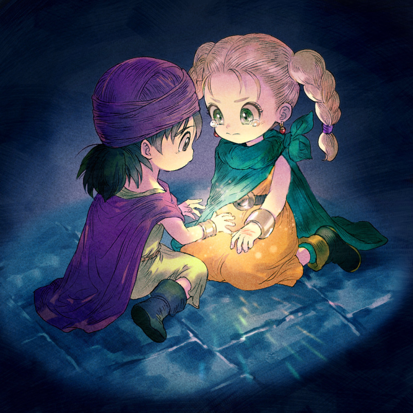 1boy, 1girl, belt, bianca_(dq5), black_hair, blonde_hair, boots, bracelet