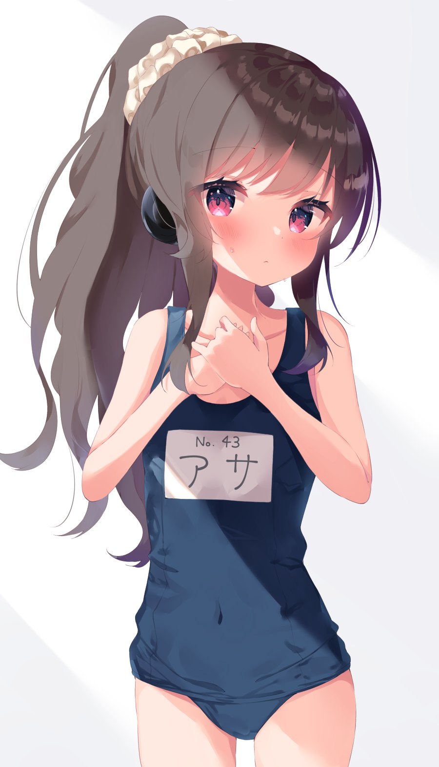 1girl, blue_swimsuit, blush, brown_hair, commission, covered_navel, grey_background, hands_on_own_chest