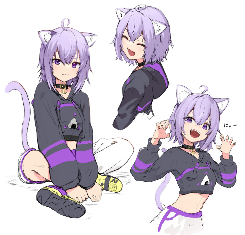 1girl, :d, ahoge, animal_ears, bangs, black_collar, black_hoodie, cat_ears