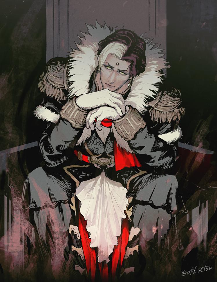 1boy, belt, black_coat, brown_hair, coat, elbows_on_knees, emet-selch, epaulettes