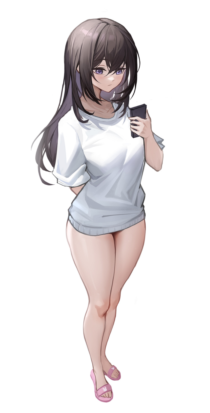 1girl, absurdres, arm_behind_back, bangs, bare_legs, black_hair, cellphone, chamuhz, chinese_commentary, commentary_request, flip-flops, full_body, hair_between_eyes, hand_up, highres, holding, holding_phone, long_hair, no_pants, original, phone, pink_footwear, sandals, shirt, short_sleeves, simple_background, smartphone, solo, standing, thighs, violet_eyes, white_background, white_shirt