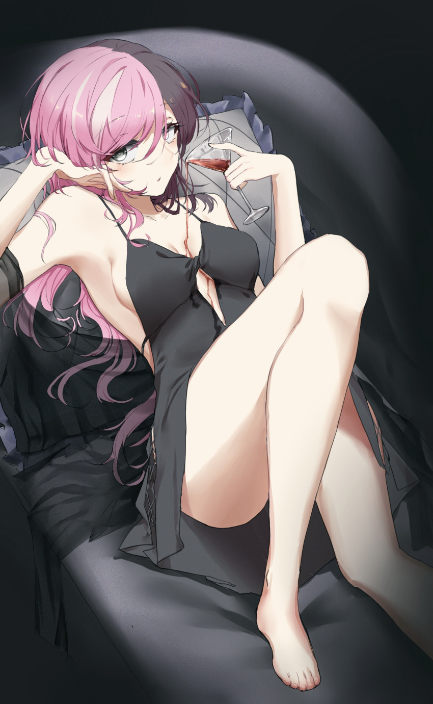 1girl, absurdres, alternate_costume, bangs, barefoot, black_dress, breasts, brown_hair