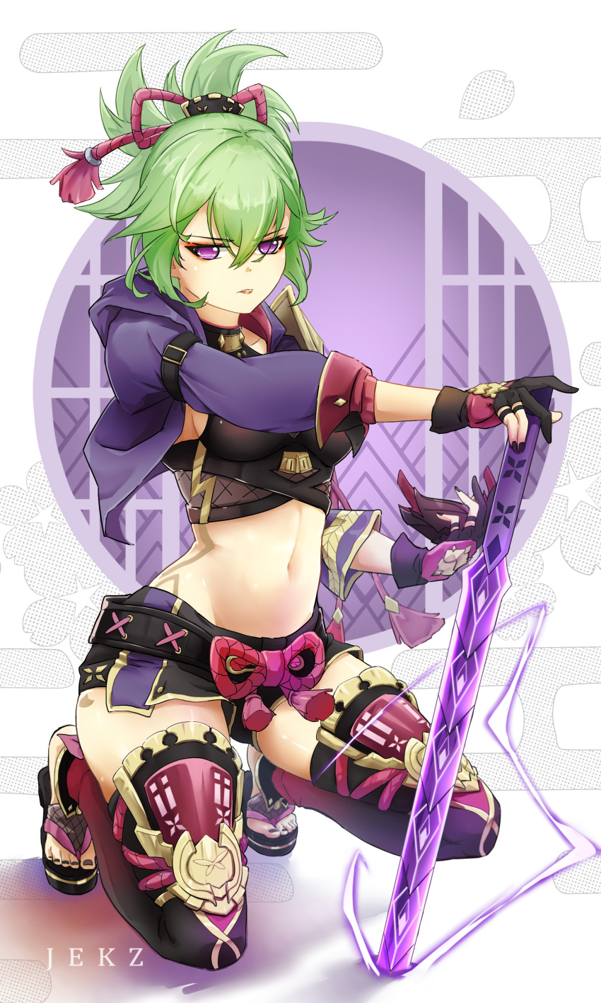 1girl, absurdres, bangs, black_gloves, black_nails, black_shirt, black_shorts, commentary, crop_top, eyebrows_visible_through_hair, genshin_impact, gloves, green_hair, hair_between_eyes, highres, jacket, jekz, kuki_shinobu, long_sleeves, looking_at_viewer, midriff, nail_polish, navel, open_clothes, open_jacket, parted_lips, planted, planted_sword, ponytail, purple_jacket, sandals, shirt, short_hair, short_shorts, shorts, solo, stomach, sword, thigh-highs, thigh_armor, thighs, toenail_polish, toenails, violet_eyes, weapon