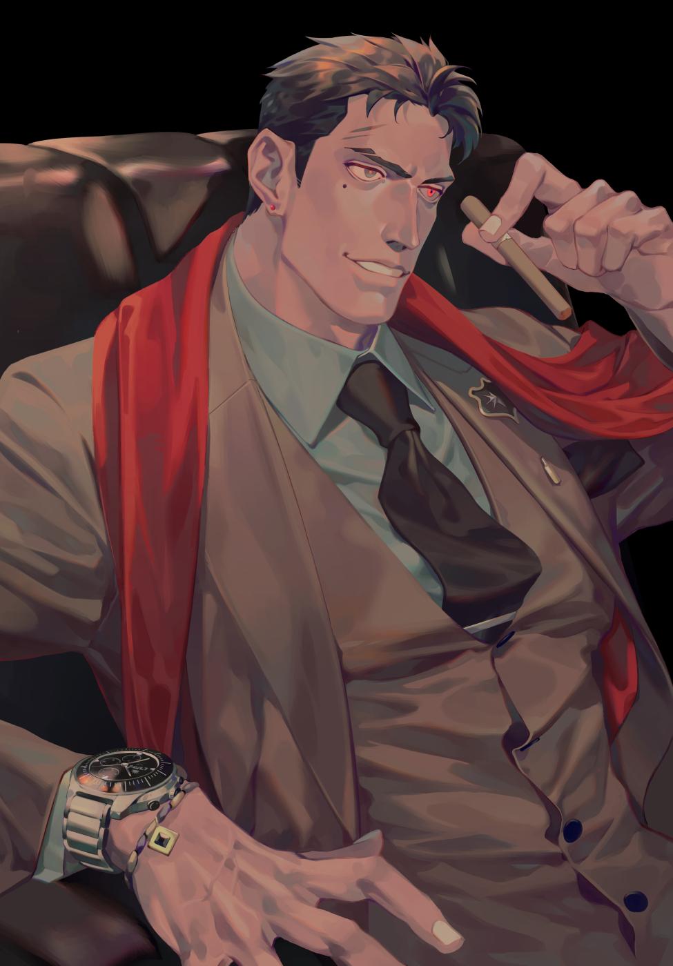 1boy, cigar, coat, collared_shirt, commentary_request, formal, highres, holding