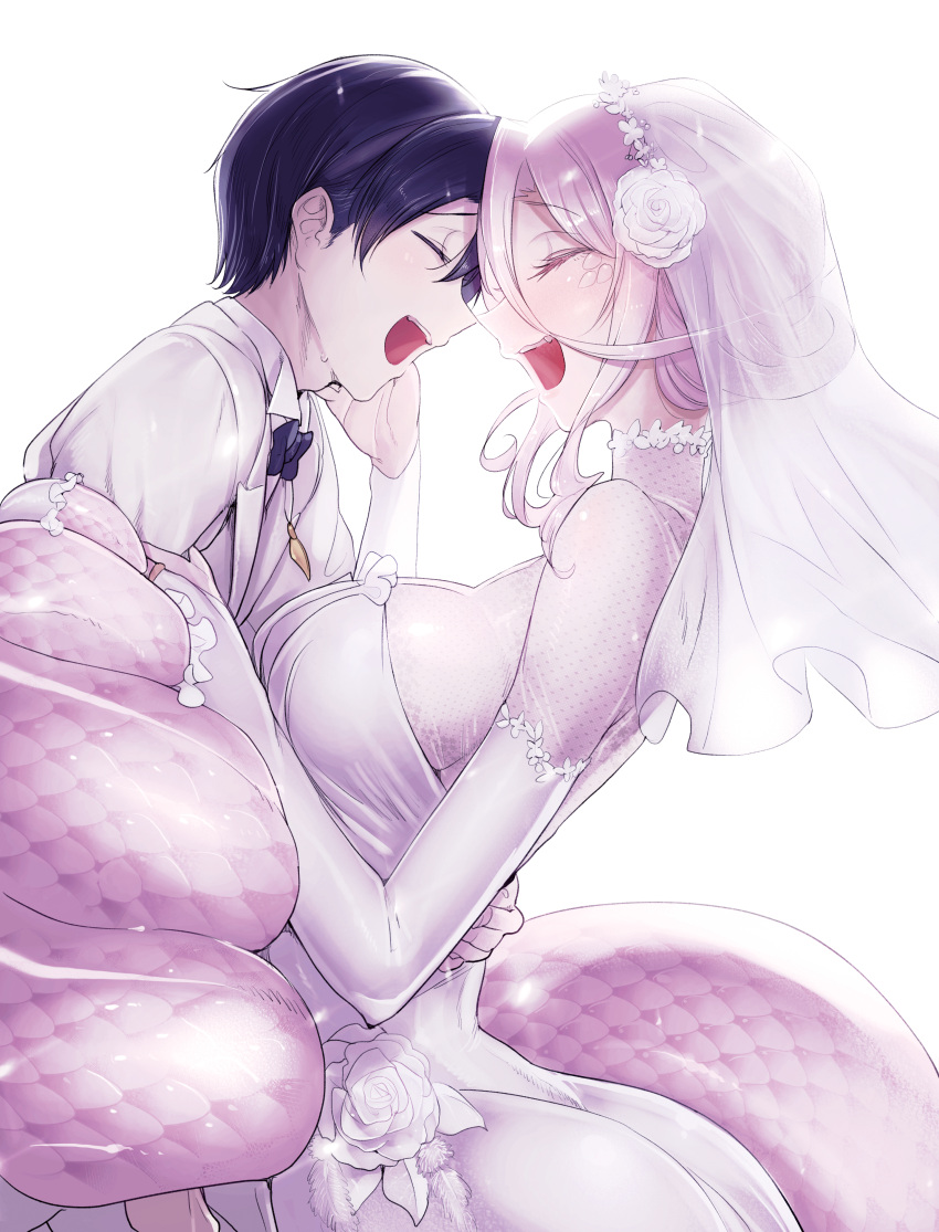 1boy, 1girl, :d, absurdres, blue_hair, bow, bowtie, breasts, bridal_gauntlets, bride, closed_eyes, dress, face-to-face, flower, formal, from_side, glenn_litbeit, groom, hair_bun, hair_flower, hair_ornament, happy, hetero, highres, hug, husband_and_wife, jacket, jewelry, lamia, large_breasts, monster_girl, monster_musume_no_oisha-san, necklace, pink_hair, rose, saphentite_neikes, scales, sideways_mouth, simple_background, smile, suit, veil, wedding_dress, white_background, white_dress, white_flower, white_jacket, white_rose, white_suit, wrapped_up, z-ton