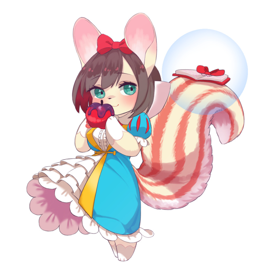 1girl, animal_ears, apple, book, brown_hair, dress, duel_monster, fairy_tail_snow