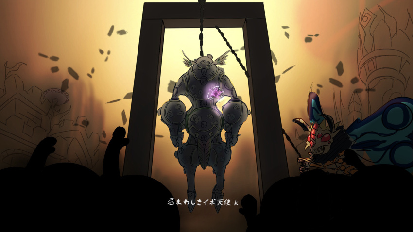 1other, bug, chain, commentary_request, dark_background, dimensional_fissure, duel_monster, elden_ring, gadarla_the_mystery_dust_kaiju, hanging, herald_of_ultimateness, highres, no_humans, noose, suspension, user_head4473, wings, yu-gi-oh!