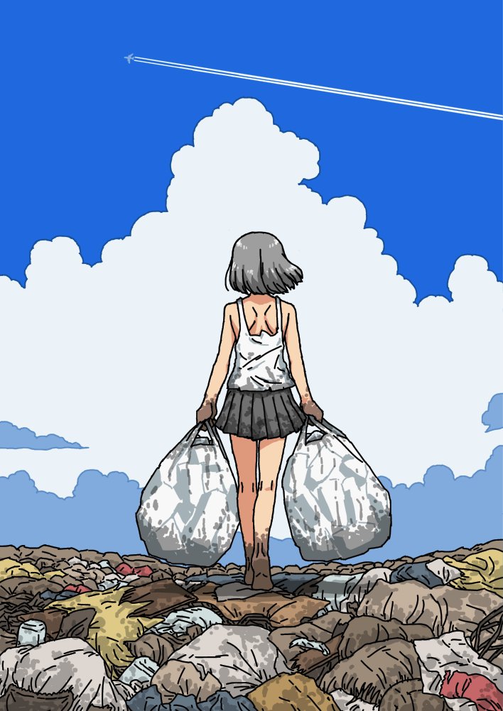 1girl, aircraft, airplane, bag, barefoot, black_hair, blue_sky, clouds