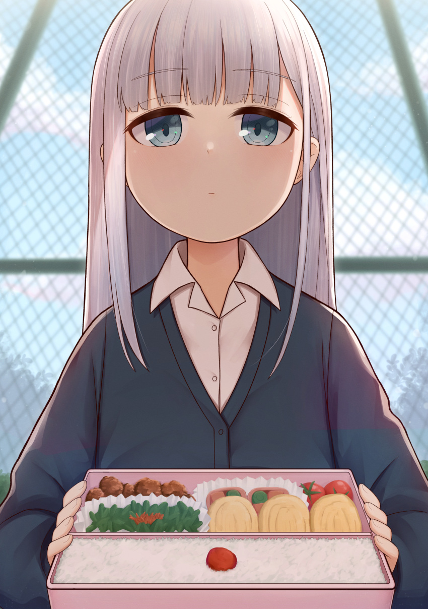 1girl, absurdres, aharen-san_wa_hakarenai, aharen_reina, atorie, bangs, bento, blue_cardigan, blue_eyes, blunt_bangs, blurry, blurry_background, cardigan, closed_mouth, collared_shirt, commentary_request, eyebrows_visible_through_hair, food, highres, holding_bento, long_hair, looking_at_viewer, outdoors, rice, school_uniform, shirt, sidelocks, silver_hair, solo, upper_body, white_shirt