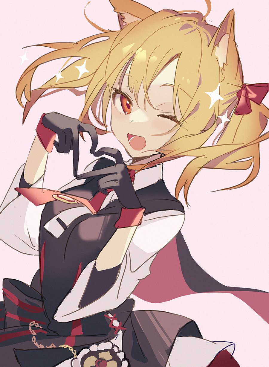 1girl, ;d, ahoge, animal_ear_fluff, animal_ears, arknights, awa_iro, bangs