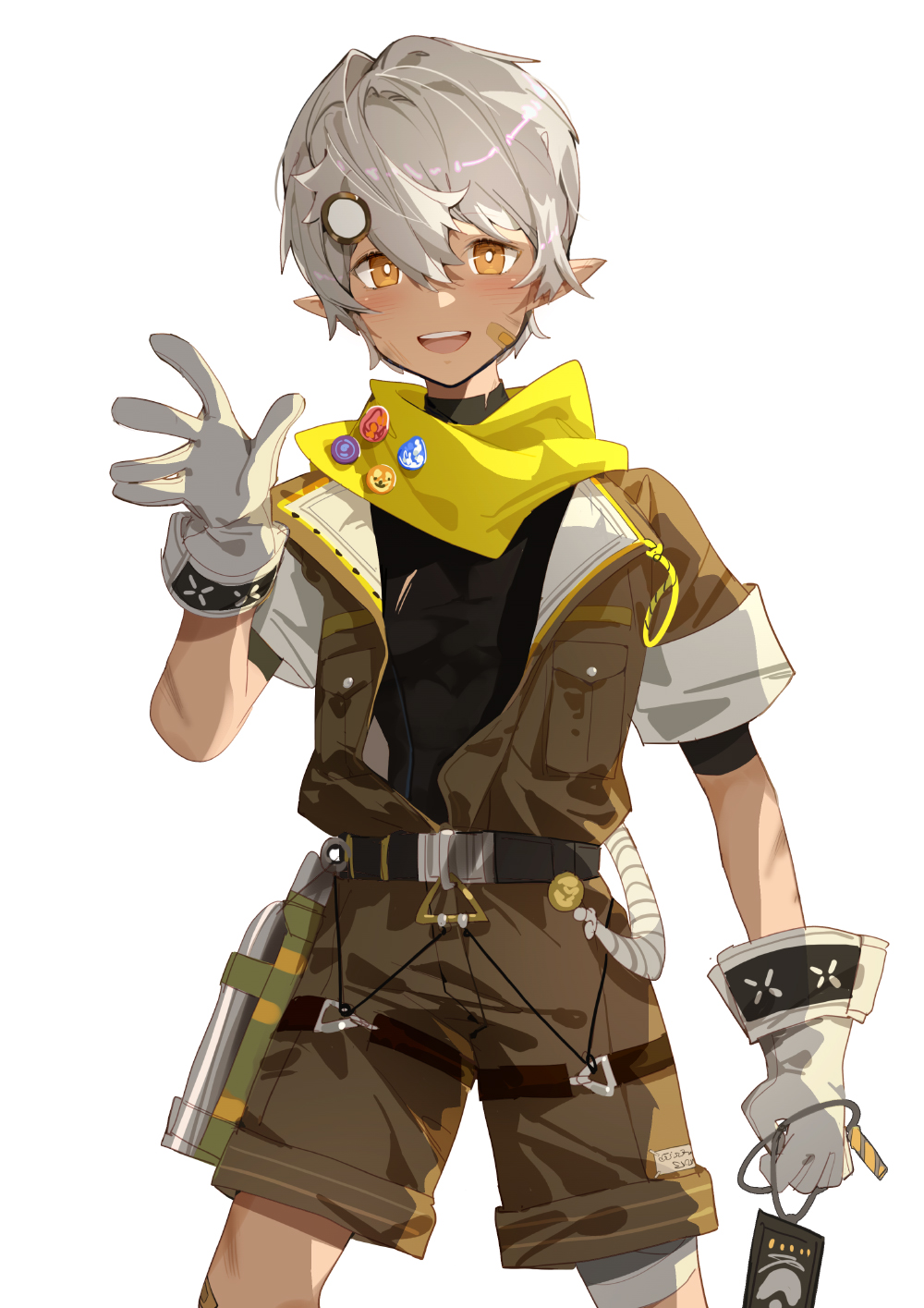 1boy, arknights, bandaid, bandaid_on_face, belt, bishounen, black_shirt, boy_scout, chestnut_(arknights), cowboy_shot, dark-skinned_male, dark_skin, gloves, grey_hair, highres, indai_(3330425), jacket, male_focus, open_clothes, pointy_ears, scarf, shirt, short_hair, shorts, smile, solo, white_gloves, yellow_eyes
