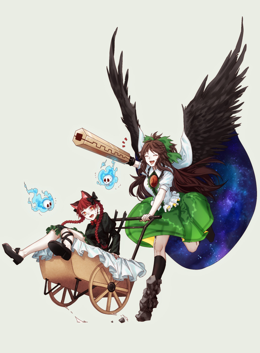 2girls, :d, absurdres, animal_ear_fluff, animal_ears, arm_cannon, bangs, bird_wings
