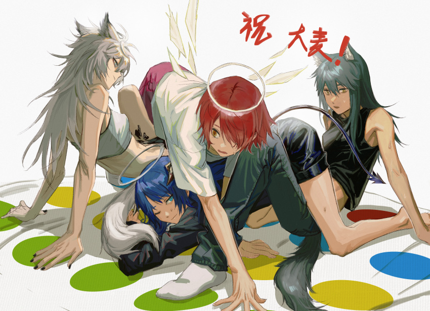 4girls, absurdres, animal_ears, arknights, bandeau, bare_arms, bare_legs, bare_shoulders