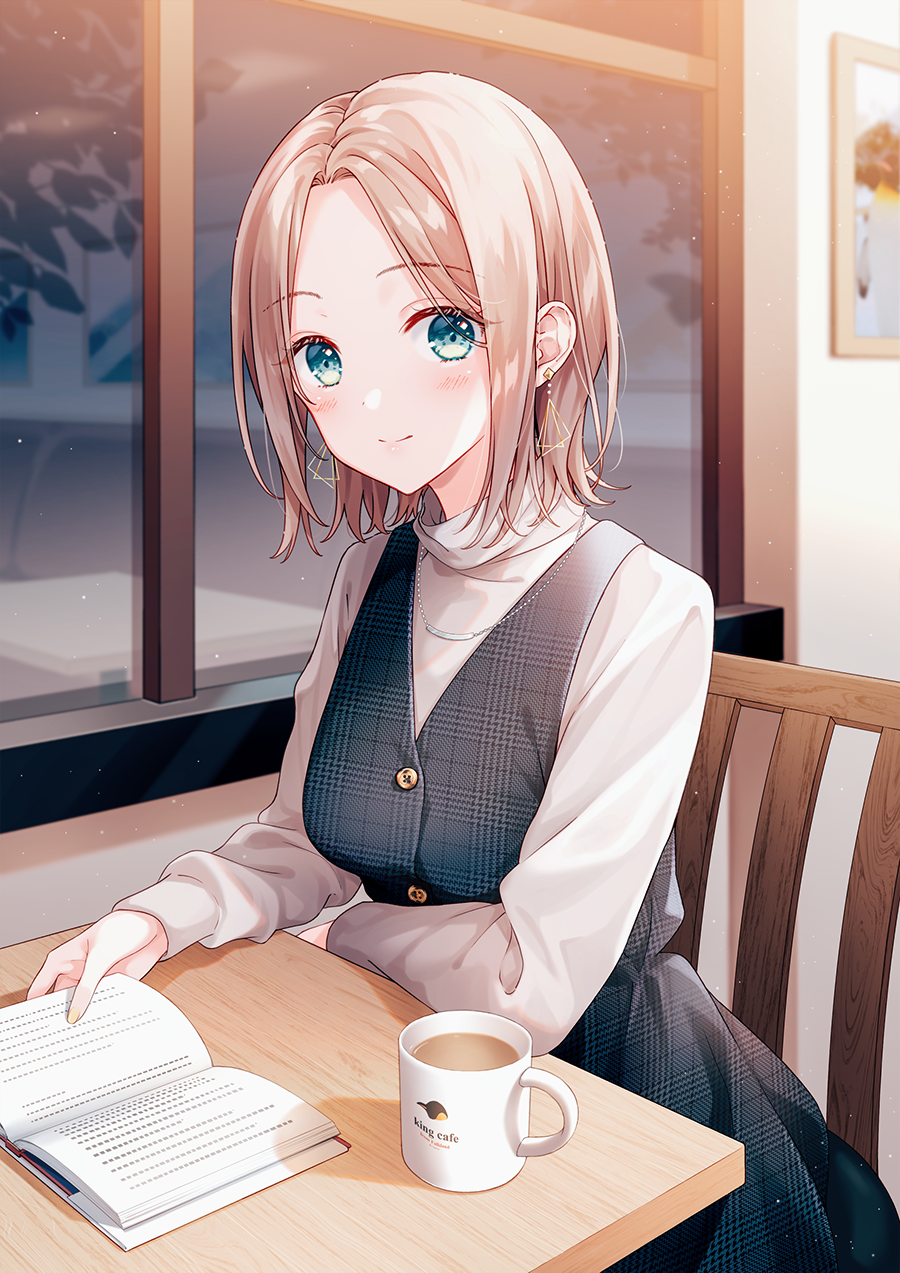 1girl, aoi_yuki, arms_on_table, bangs, bird, black_dress, blonde_hair, blue_eyes