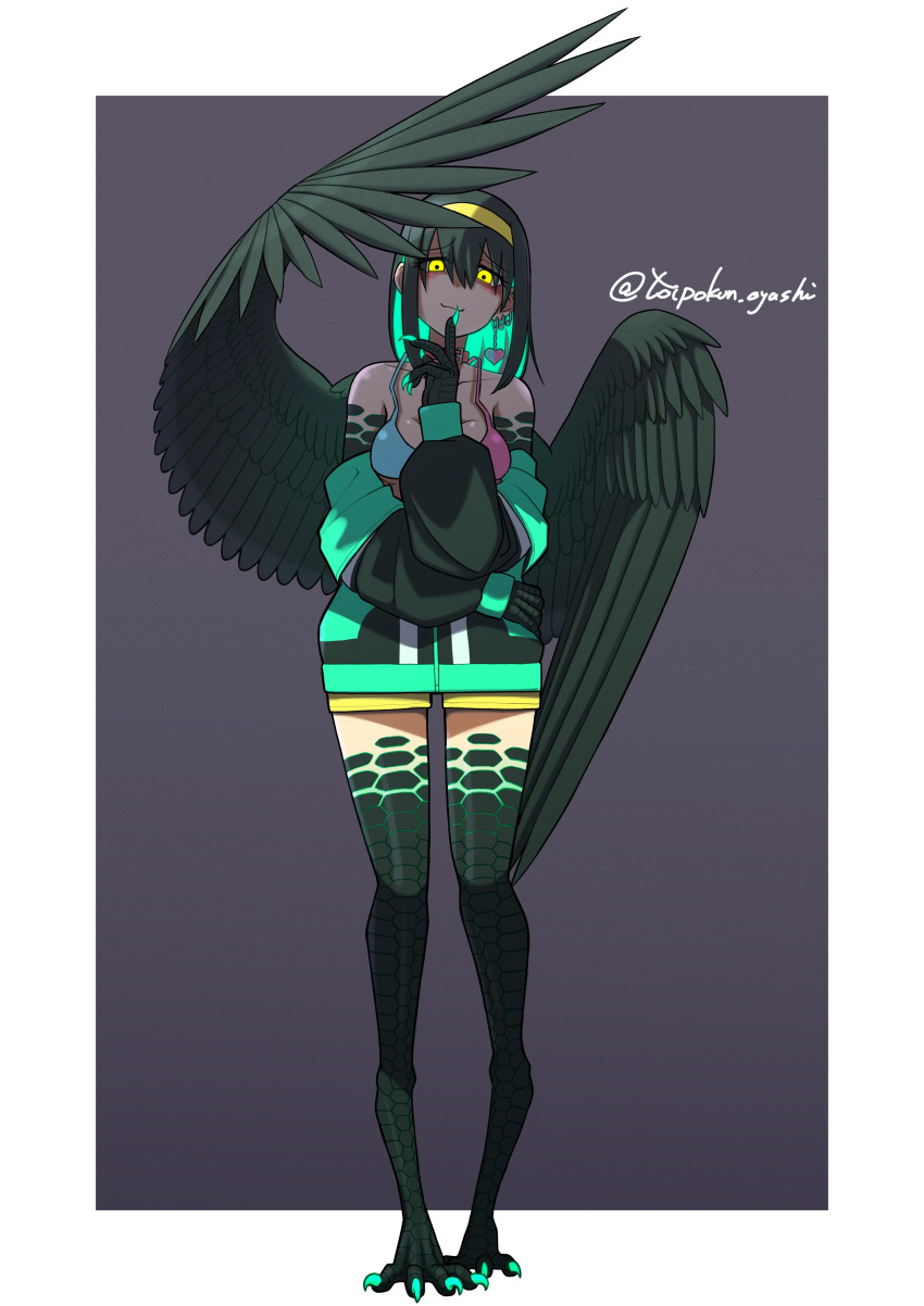 1girl, :3, absurdres, animal_feet, animal_hands, bird_girl, bird_wings, blush, bra, choker, claws, collar, ear_piercing, earrings, feathered_wings, feathers, finger_to_mouth, glowing, glowing_eyes, glowing_hair, green_hair, harpy, headband, highres, index_finger_raised, jacket, jacket_partially_removed, jewelry, looking_at_viewer, medium_hair, monster_girl, original, piercing, purple_background, scales, shorts, signature, solo, talons, toipokun_oyashi, underwear, wings, yellow_eyes, yellow_shorts