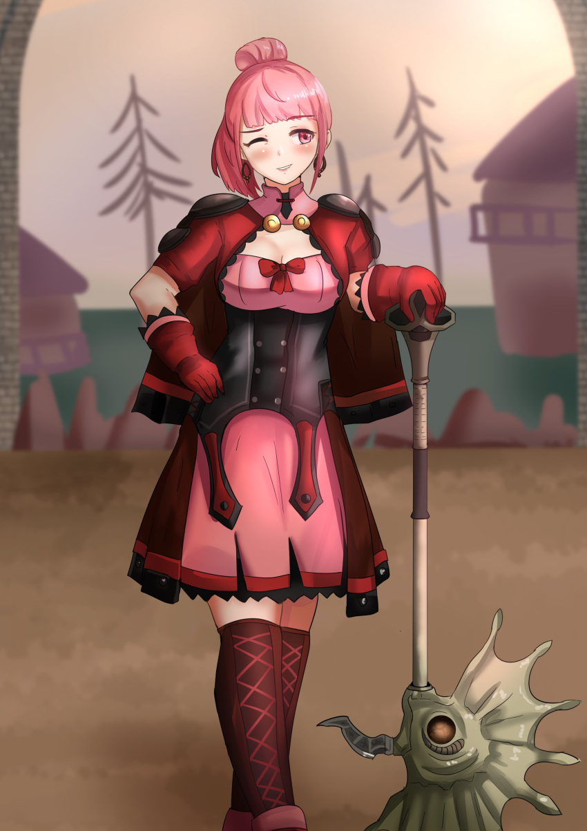 1girl, absurdres, axe, bangs, bare_tree, blush, boots, commentary