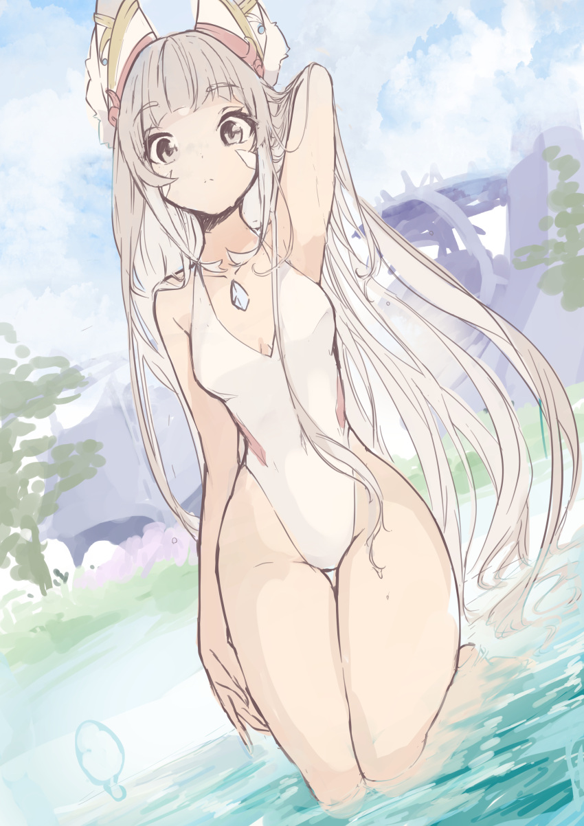1girl, absurdres, animal_ears, bare_hips, barefoot, breasts, breasts_apart, chest_jewel
