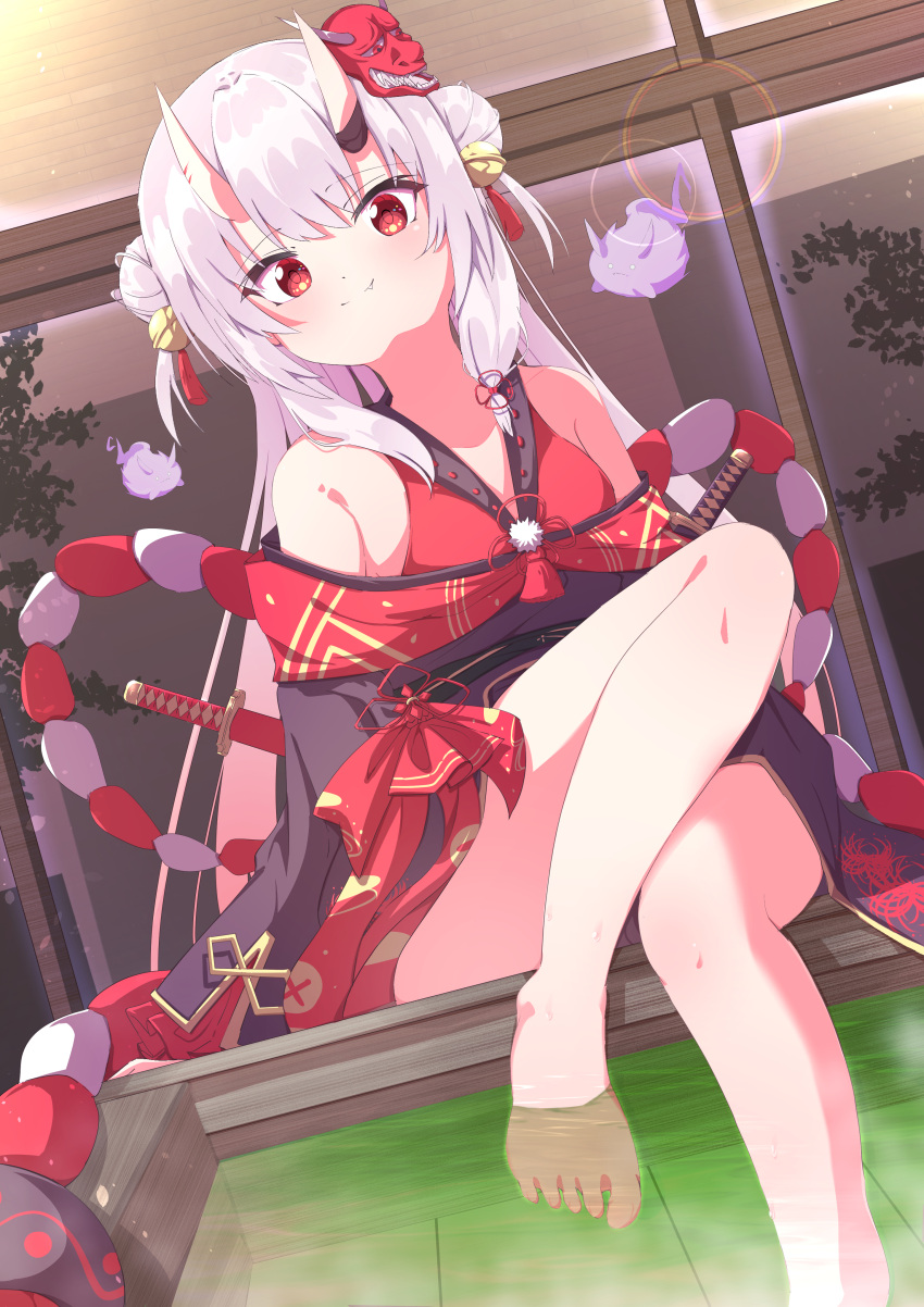 1girl, absurdres, ashiyu, bangs, bell, double_bun, eyebrows_visible_through_hair, fang