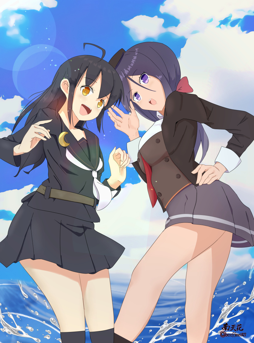 2girls, absurdres, ariake_(kancolle), bangs, beret, black_hair, black_headwear, black_jacket