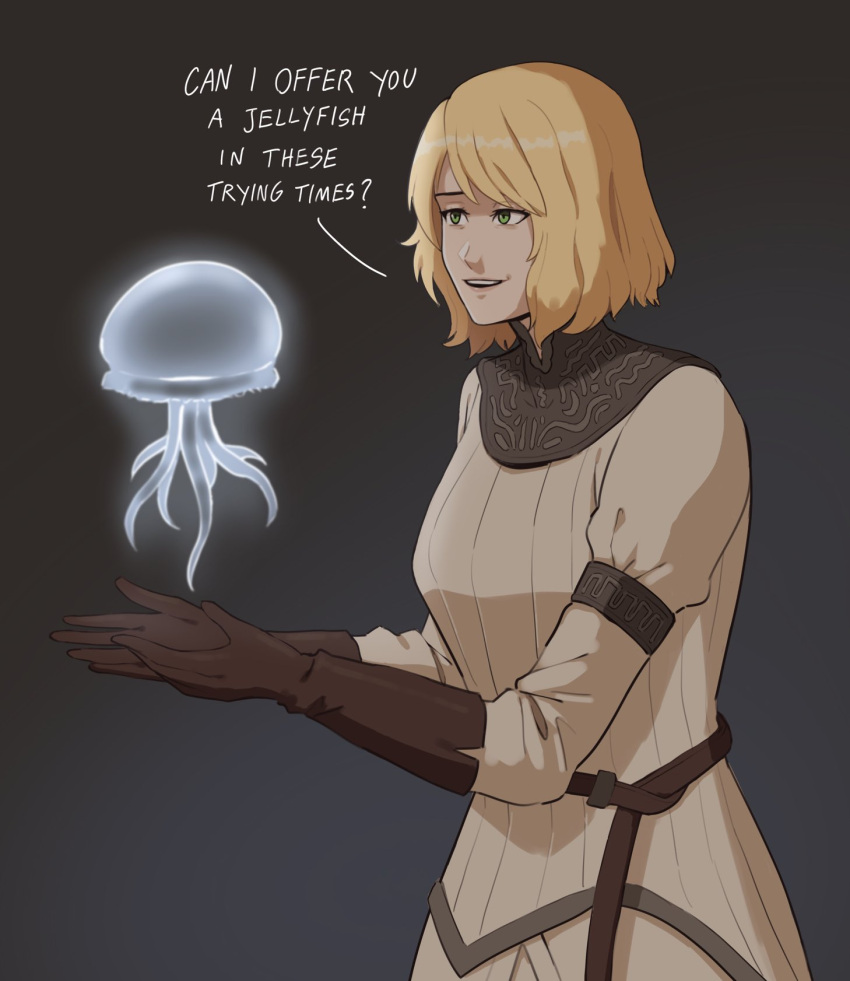 1girl, :d, aurelia_(elden_ring), blonde_hair, bob_cut, brown_gloves, dress, elden_ring