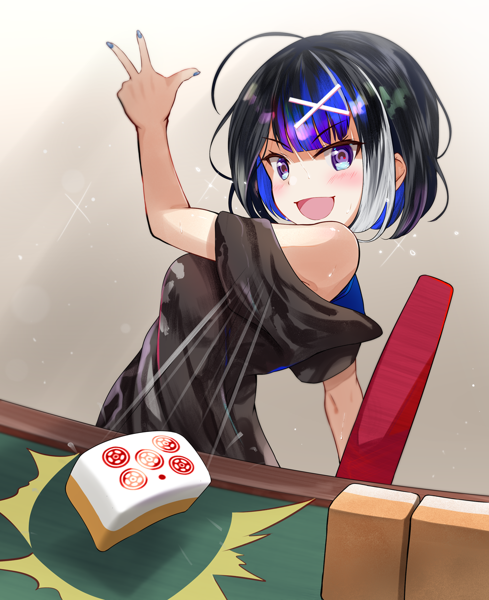 1girl, ahoge, bangs, black_hair, black_shirt, blue_nails, chair, eyebrows_visible_through_hair