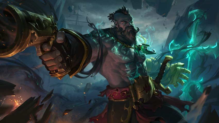 1boy, abs, absurdres, artist_request, beard, belt, black_sclera, brown_gloves