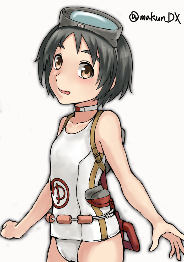 1girl, bangs, black_hair, brown_eyes, diving_mask, diving_mask_on_head, flotation_belt, goggles