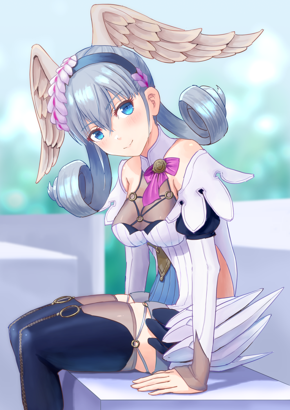 1girl, blue_eyes, braid, breasts, crown_braid, dress, head_wings, highres, juliet_sleeves, long_sleeves, medium_breasts, melia_antiqua, o-ring, puffy_sleeves, sawayakakatsu, short_dress, silver_hair, sitting, skindentation, solo, xenoblade_chronicles, xenoblade_chronicles:_future_connected, xenoblade_chronicles_(series)