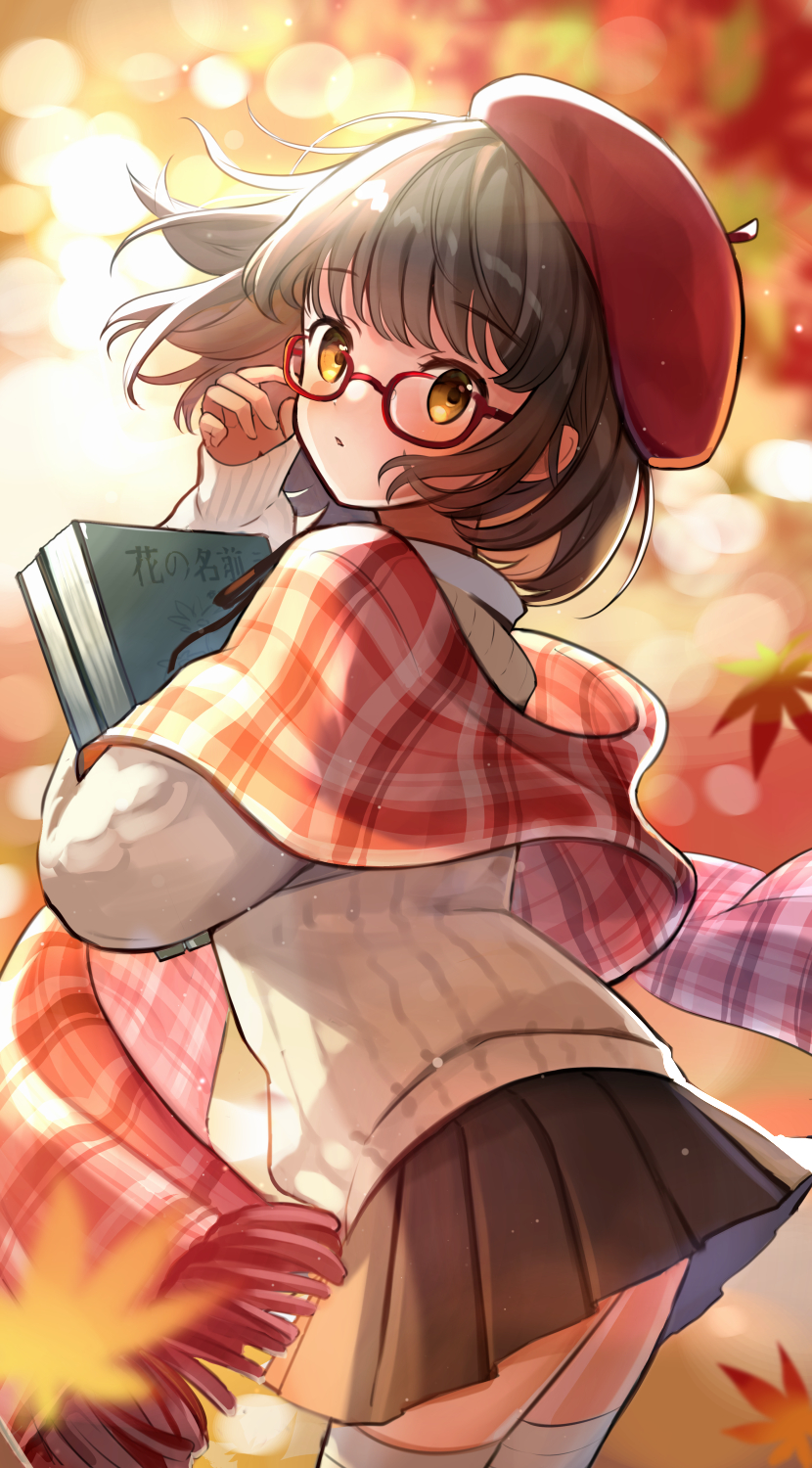 1girl, adjusting_eyewear, autumn_leaves, beret, black_skirt, blurry, blurry_background, bokeh
