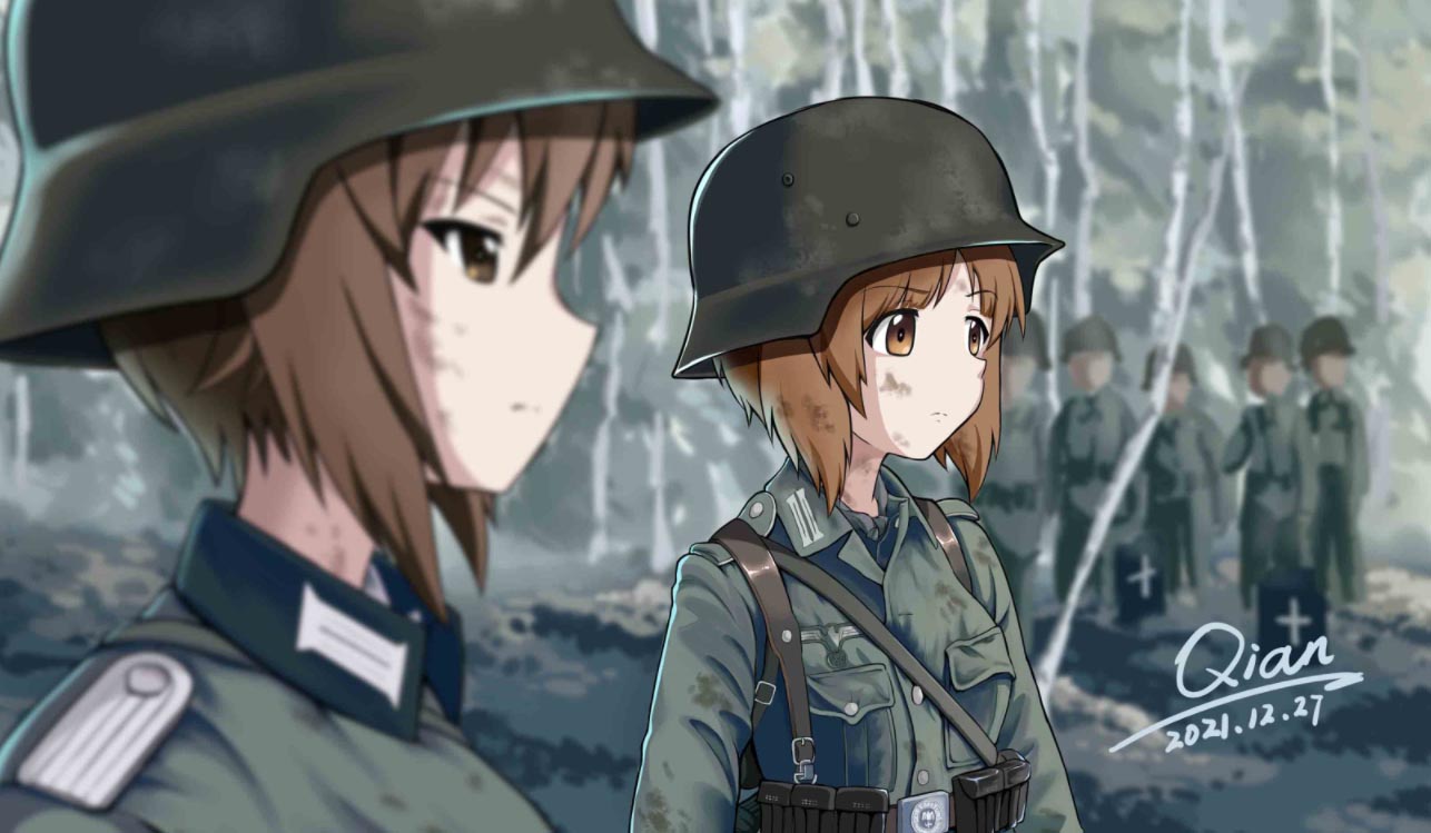 2girls, ammunition_pouch, army, battle, battlefield, brown_eyes, brown_hair, dirty