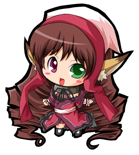 :d, blush_stickers, brown_hair, cat_ears, collar, cosplay, drill_hair, green_eyes