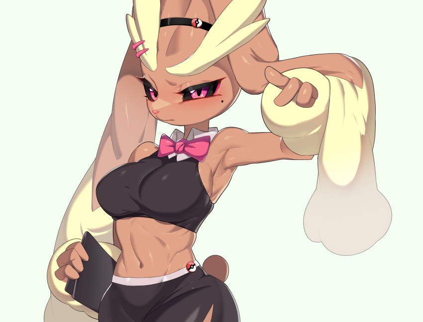 1girl, animal_ears, animal_nose, arm_up, armpits, bare_shoulders, black_sclera, black_shirt
