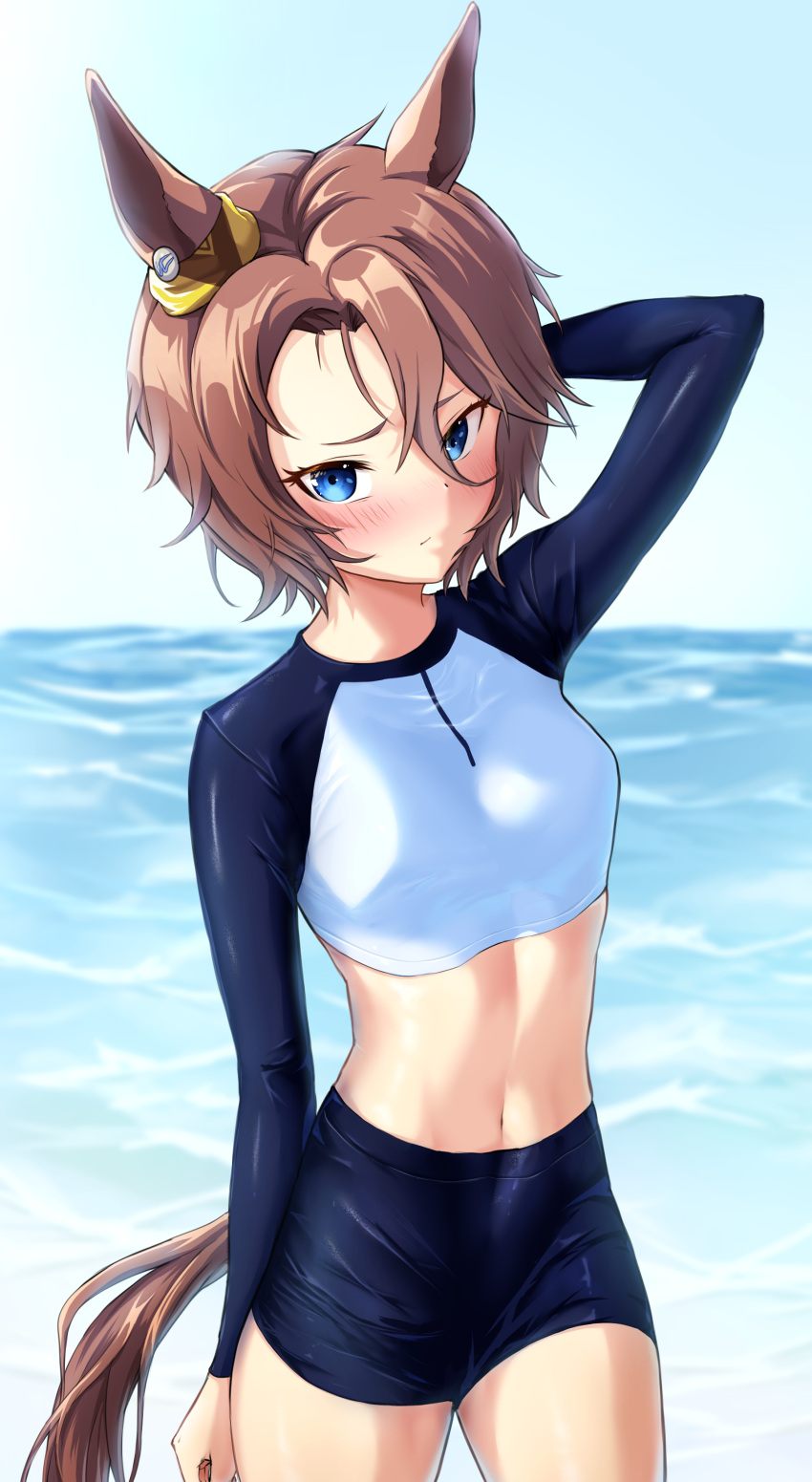 1girl, absurdres, animal_ears, arm_behind_head, arm_up, bangs, banpunsik, blue_eyes