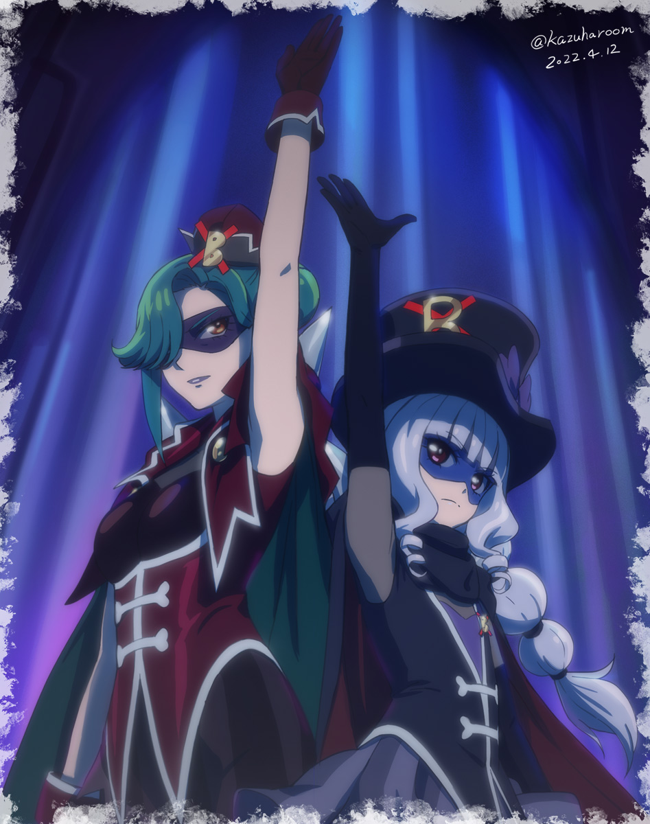 2girls, arm_up, bangs, black_gloves, black_headwear, blunt_bangs, braid, cape