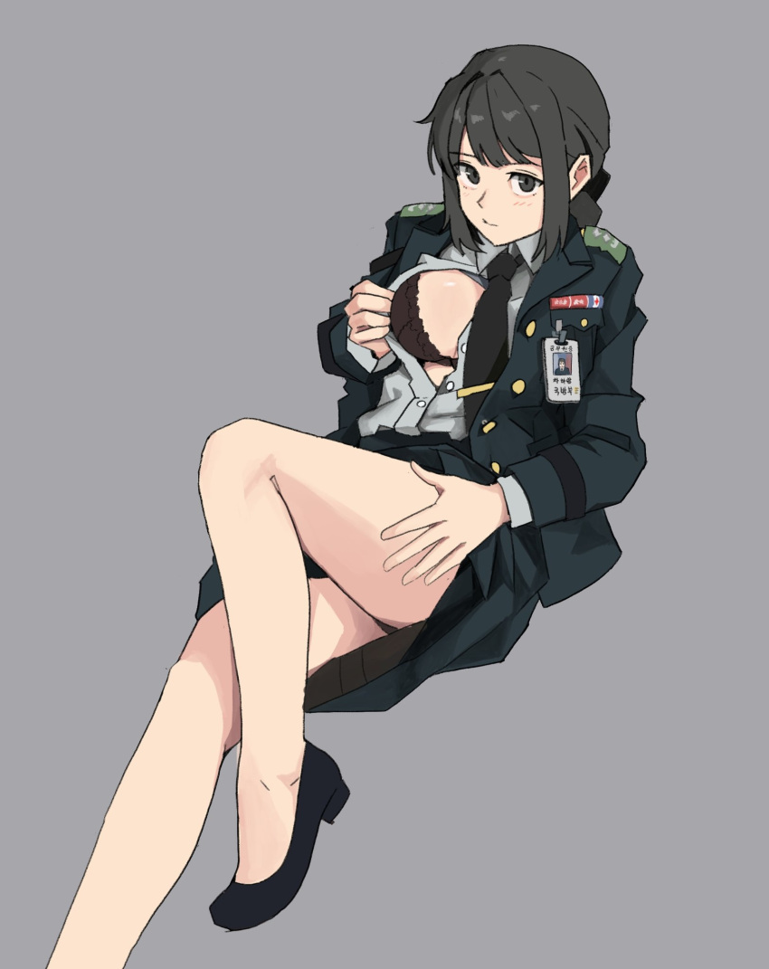 1girl, black_bra, black_eyes, black_footwear, black_hair, black_jacket, black_neckwear, blush