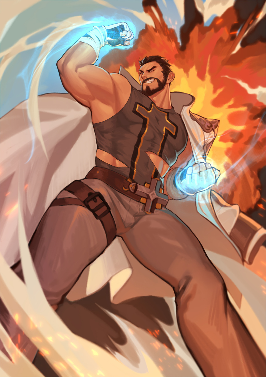 abs, absurdres, armpits, baimeme, bandages, beard, biceps, black_eyes, black_hair, blue_fire, cape, clenched_hands, cross, dungeon_and_fighter, explosion, facial_hair, fang, fighting, fighting_stance, fire, gloves, glowing, glowing_fist, highres, leather, leather_belt, leg_belt, looking_to_the_side, manly, mature_male, monk_(dungeon_and_fighter), muscular, muscular_male, pants, pectorals, priest_(dungeon_and_fighter), shirt, sleeveless, smirk, thick_arms, thick_eyebrows, thick_thighs, thighs, tight