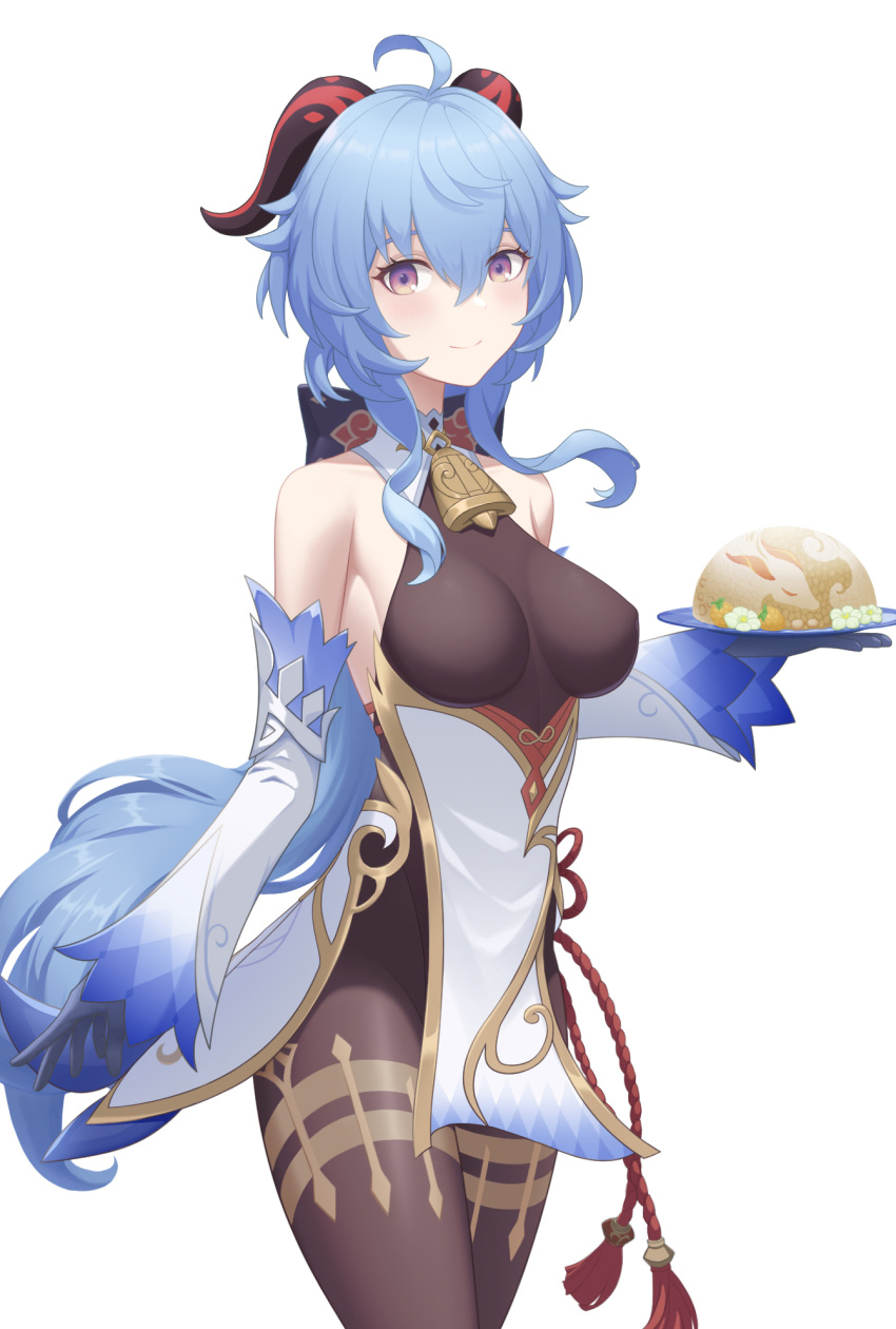 1girl, ahoge, bangs, bare_shoulders, bell, black_legwear, black_leotard, blue_gloves