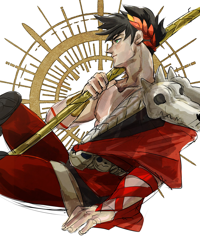 1boy, belt, black_hair, from_side, greek_clothes, green_eyes, hades_(game), ing0123, laurel_crown, male_focus, polearm, single_bare_shoulder, sitting, skull, spear, weapon, zagreus_(hades)