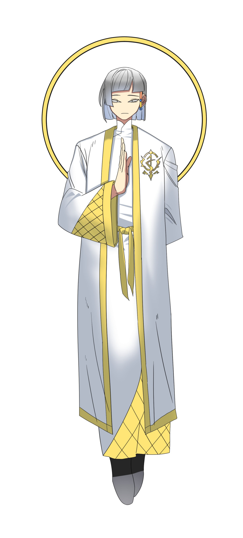 1boy, absurdres, arm_behind_back, belt, black_eyes, closed_mouth, floating_hair, gradient, gradient_background, grey_hair, halo, highres, long_sleeves, male_focus, original, rhlatm, solo, turtleneck, wide_sleeves, yellow_belt
