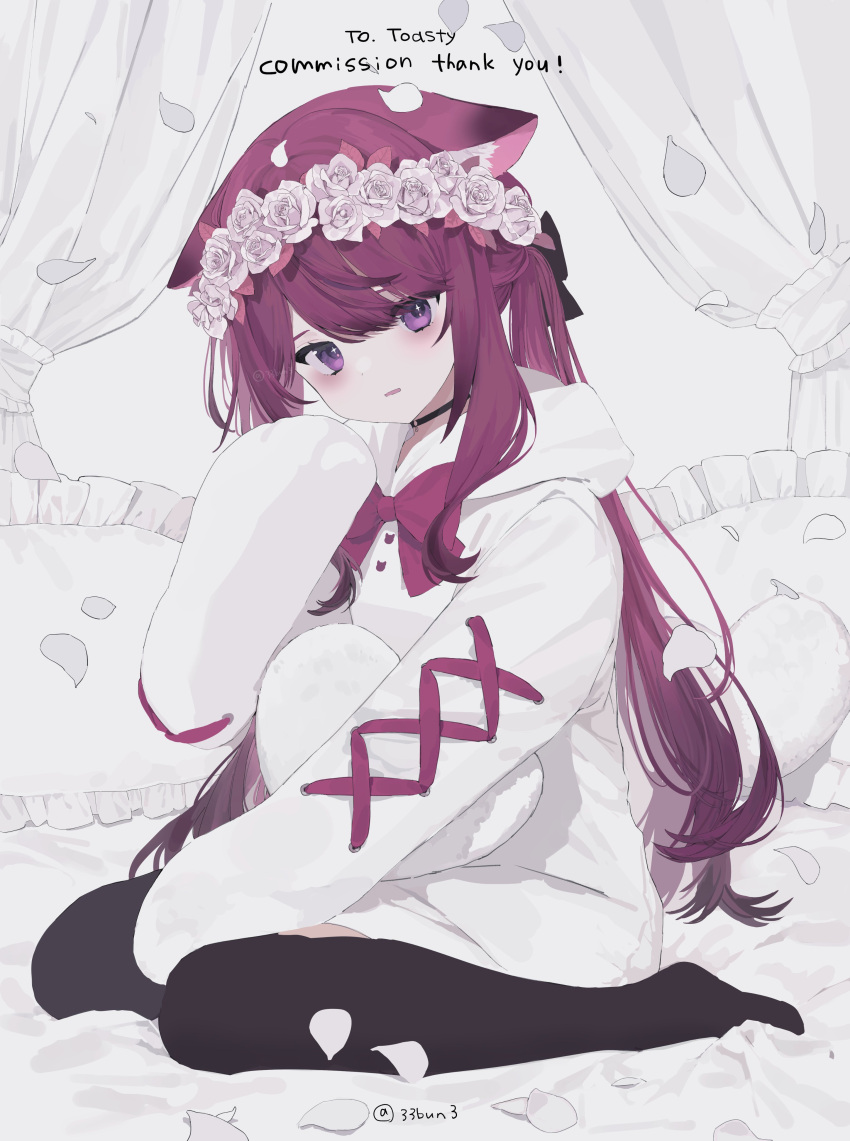 1girl, 33bun3, absurdres, animal_ear_fluff, animal_ears, black_choker, black_legwear, blush