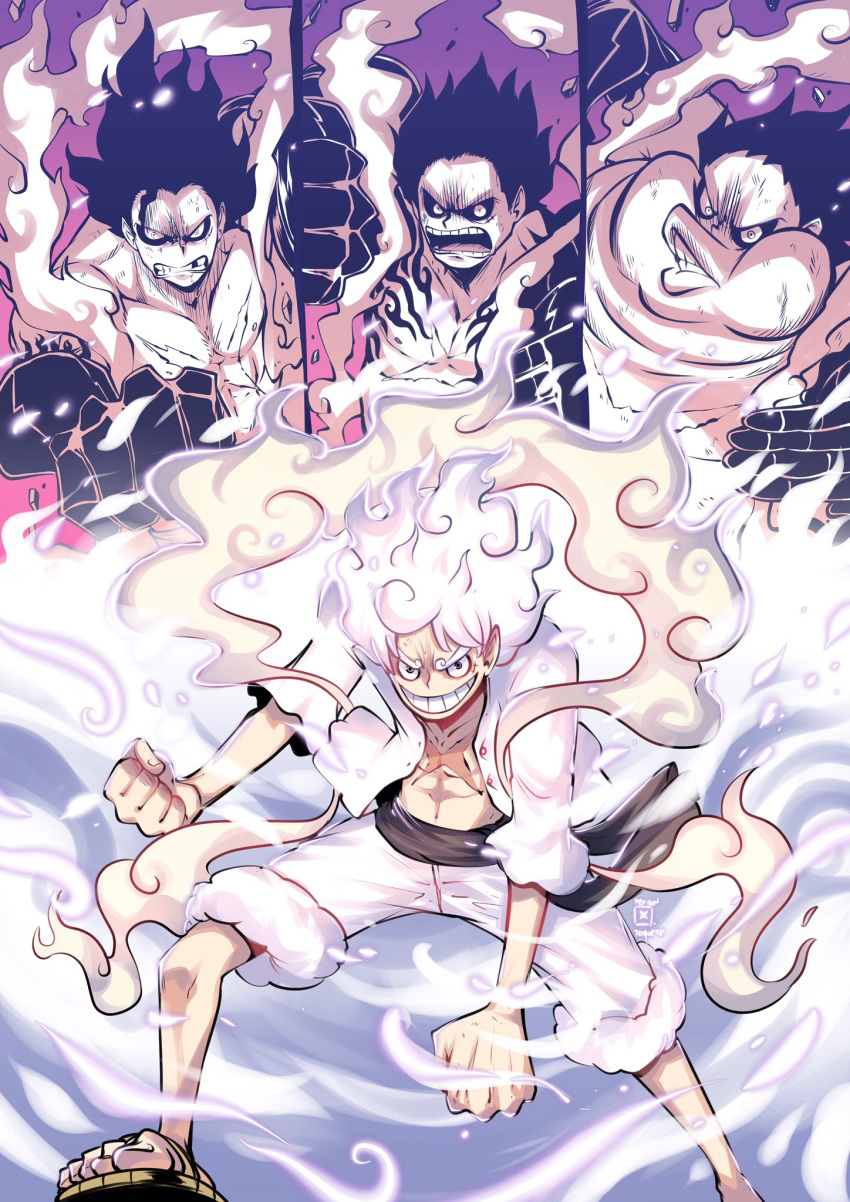 1boy, clenched_hands, cross_scar, fighting_stance, gear_fifth, gear_fourth, glowing, glowing_hair