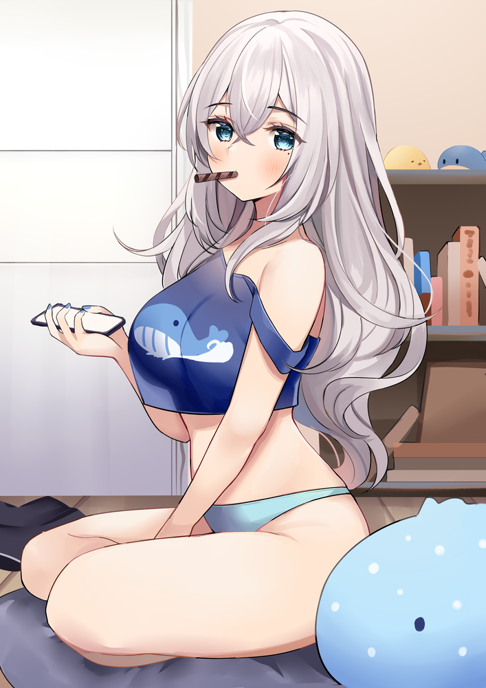1girl, bare_arms, between_legs, blue_eyes, blue_panties, blue_shirt, braid, breasts