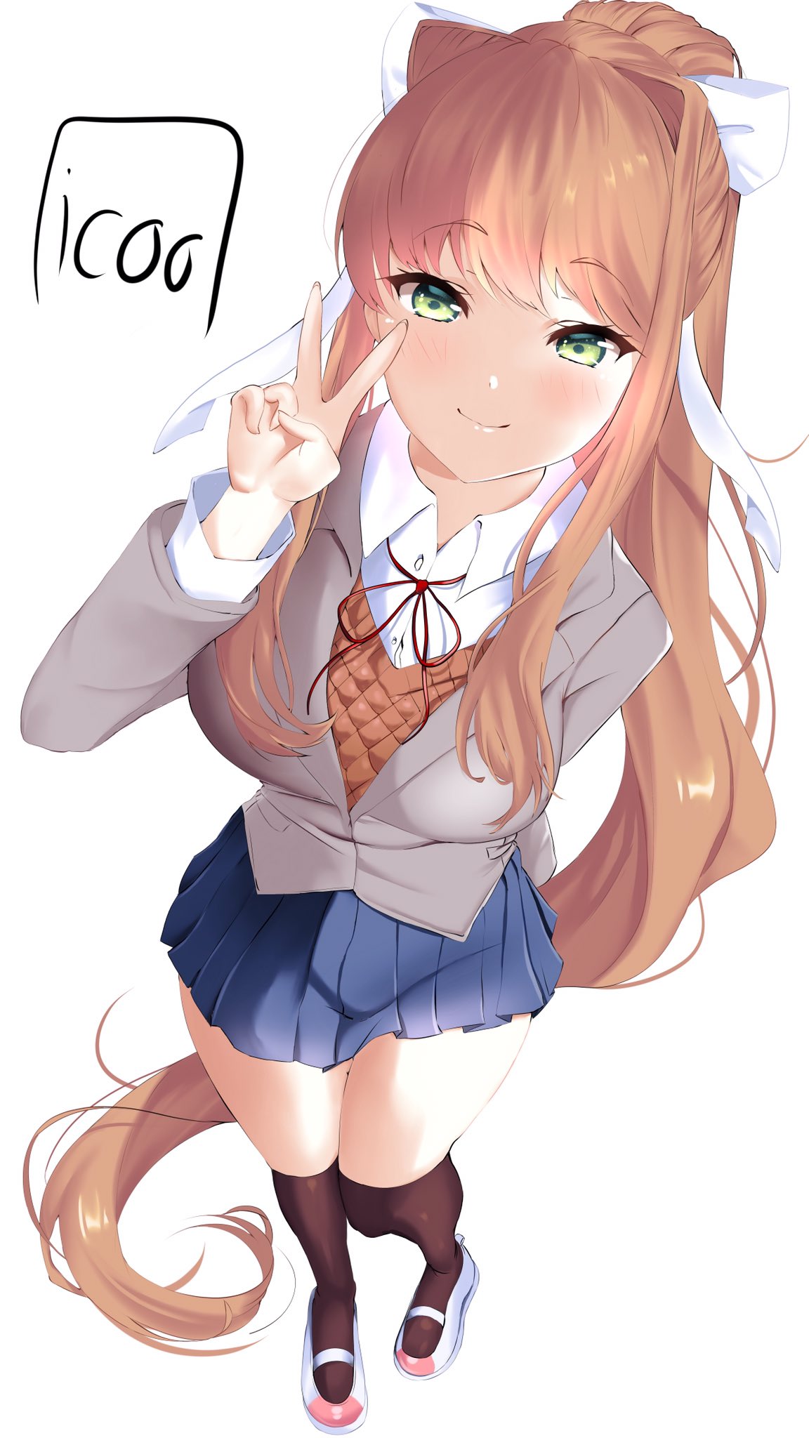 1girl, black_legwear, blazer, blue_skirt, bow, breasts, brown_hair, doki_doki_literature_club, green_eyes, grey_jacket, highres, icoo, jacket, large_breasts, long_hair, monika_(doki_doki_literature_club), orange_sweater, over-kneehighs, ponytail, school_uniform, simple_background, skirt, solo, sweater, thigh-highs, very_long_hair, white_background, white_bow